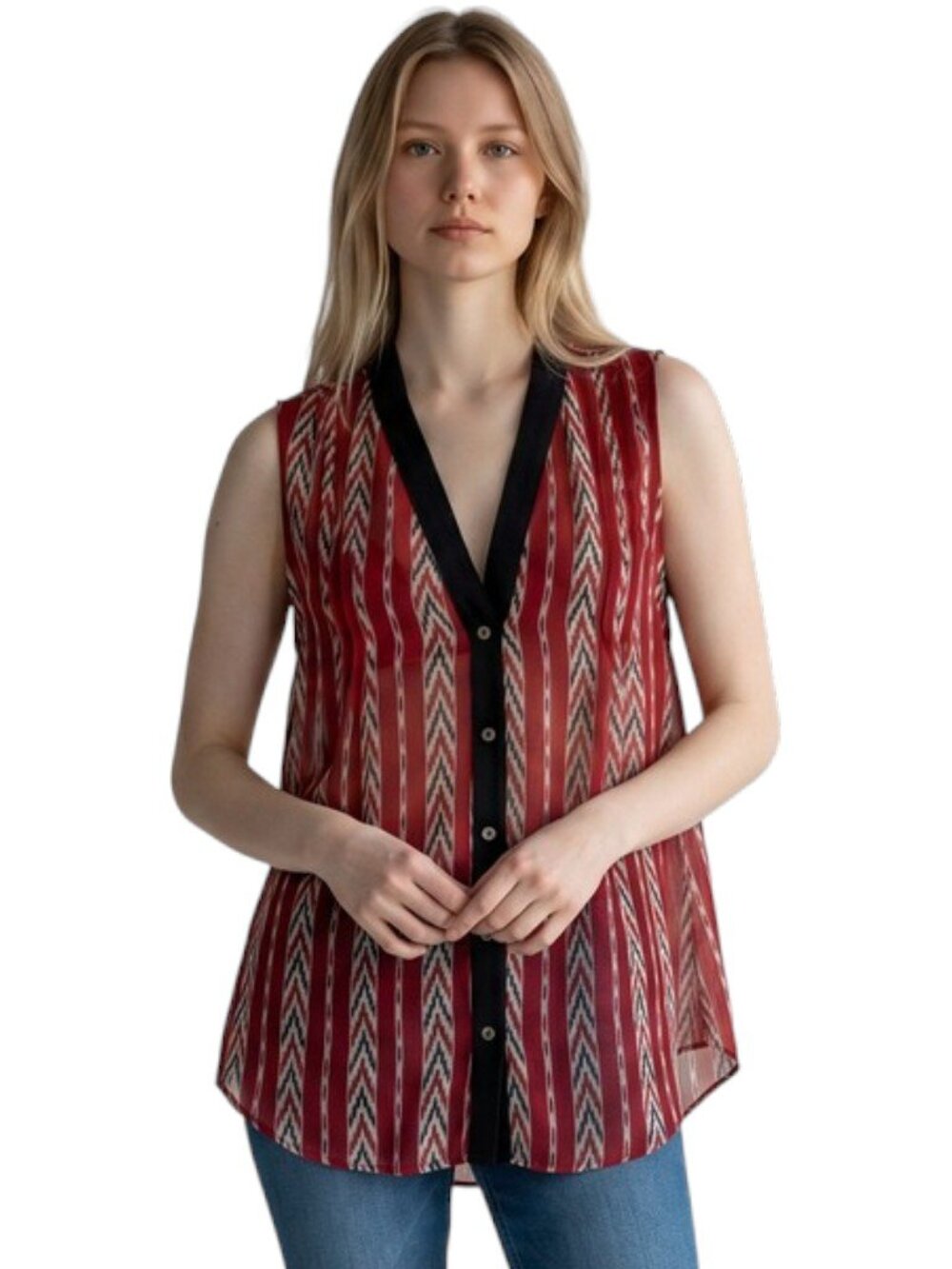 MYNE Ashley Ann Sleeveless Button Front Vest Top Ikat Chevron Print Red Size S